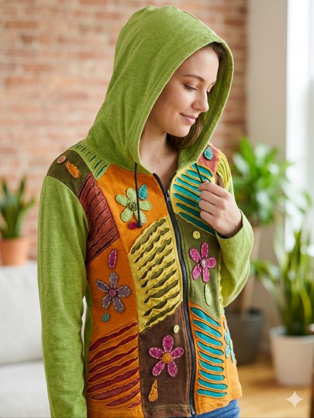 Boho Patchwork Embroidered Full-Zip Hoodie, Size S/M